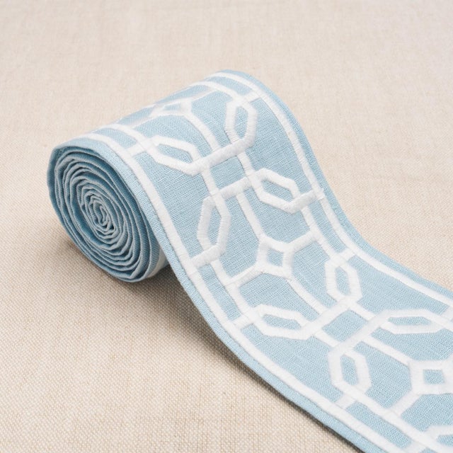 Contemporary SAMPLE - Schumacher Gazebo Trellis Tape In Sky For Sale - Image 3 of 4
