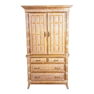 Vintage Coastal Henry Link for Lexington Carved Rattan Armoire For Sale