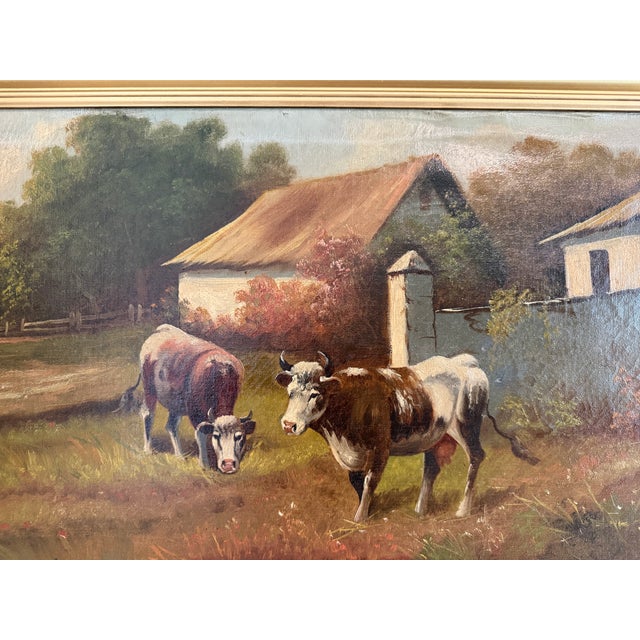 Antique Oil Painting on Canvas Cows Farm Landscape Pastoral Scene Signed Framed For Sale - Image 9 of 15