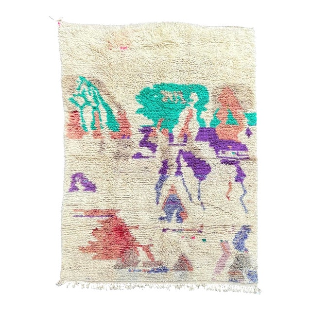 Hand-Knotted Moroccan Boujad Berber Rug — Abstract Multicolor Wool on Ivory — 6'6" X 9'10" For Sale