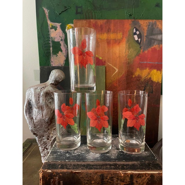 Late 19th Century Late 20th Century Set of Four (4) Block Poinsettia Holiday Tall Glasses For Sale - Image 5 of 5