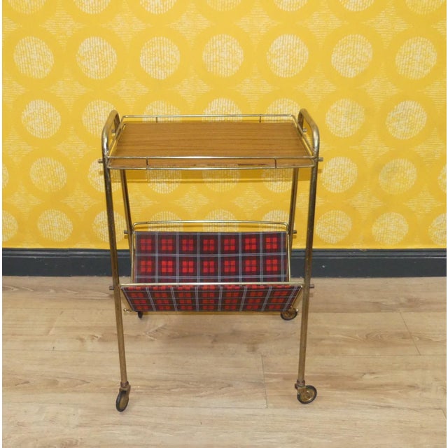 Formica Newspaper Rack with Red Checkered Shelf and Wheels, 1960s For Sale - Image 4 of 11