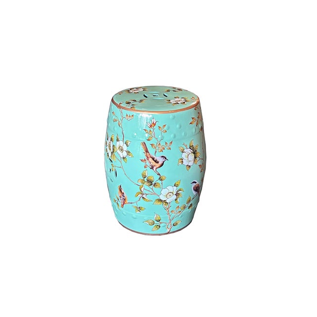 Turquoise Turquoise Blue Porcelain Flower Birds Round Barrel Stool Table For Sale - Image 8 of 10