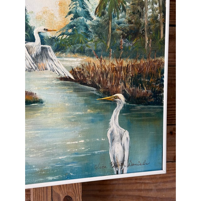 Vintage Old Florida Egret Landscape Painting by Debra Pate Daniels For Sale - Image 10 of 11