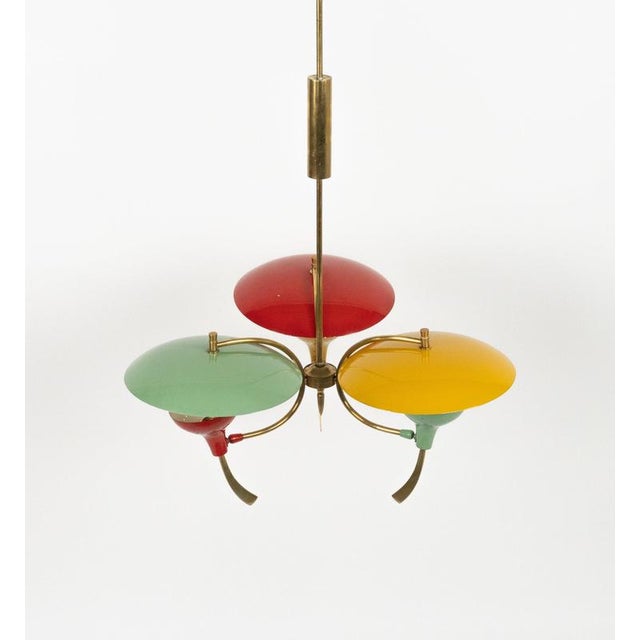 Mid-Century Chandelier in Enamel Metal and Brass in the style of Stilnovo, Italy, 1950s For Sale - Image 4 of 17