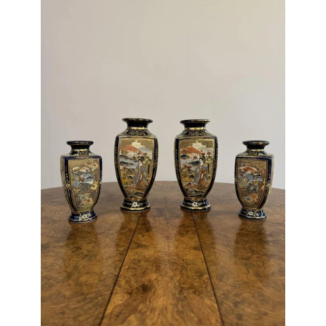 Outstanding quality antique japanese satsuma vase garniture, having a quality garniture of shaped japanese satsuma vases...