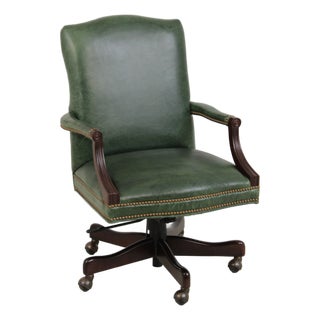 Vintage Green Leather Mahogany Swivel Desk Chair For Sale