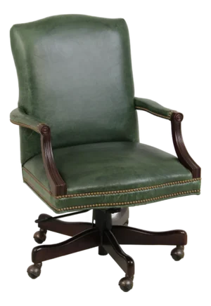 Vintage Green Leather Mahogany Swivel Desk Chair