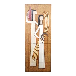 Large Mid-Century Modern Tile Wall Mural With Stylized Figures For Sale