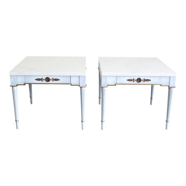 Pair of Mid Century Side Tables With White Quartzite Tops For Sale