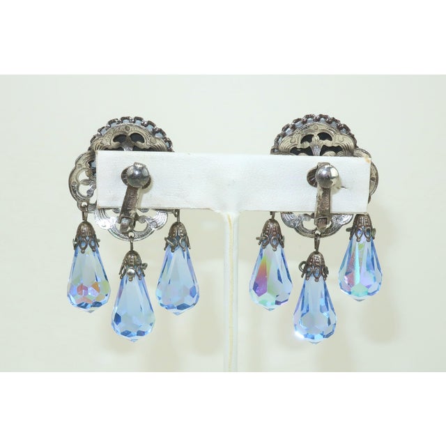 1950s Vendome Blue Crystal Aurora Borealis Chandelier Earrings, a Pair For Sale - Image 5 of 9