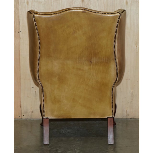 Pair of Vintage Tan Brown Leather Chesterfield Wingback Chairs With Footstools For Sale - Image 13 of 18
