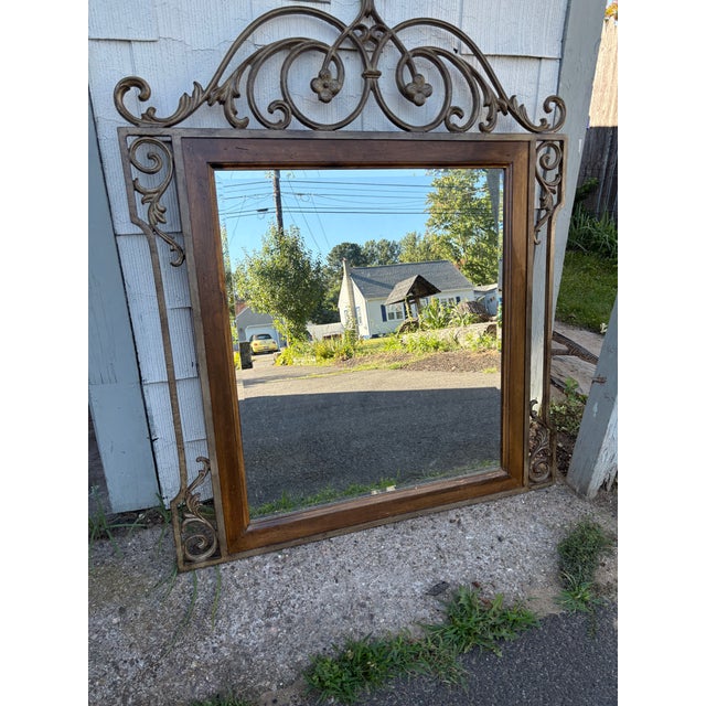 Wood Large Vintage Mediterranean Beveled Wood & Gilt Metal Scrollwork Mirror For Sale - Image 7 of 17