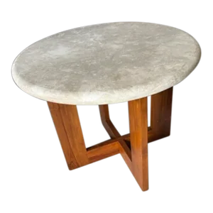 1970s Stone Top Vintage Round Table Wood Base