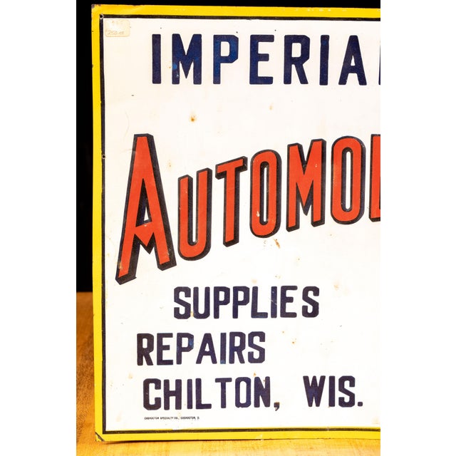 American Antique Imperial Garage Embossed Tin Sign For Sale - Image 3 of 6