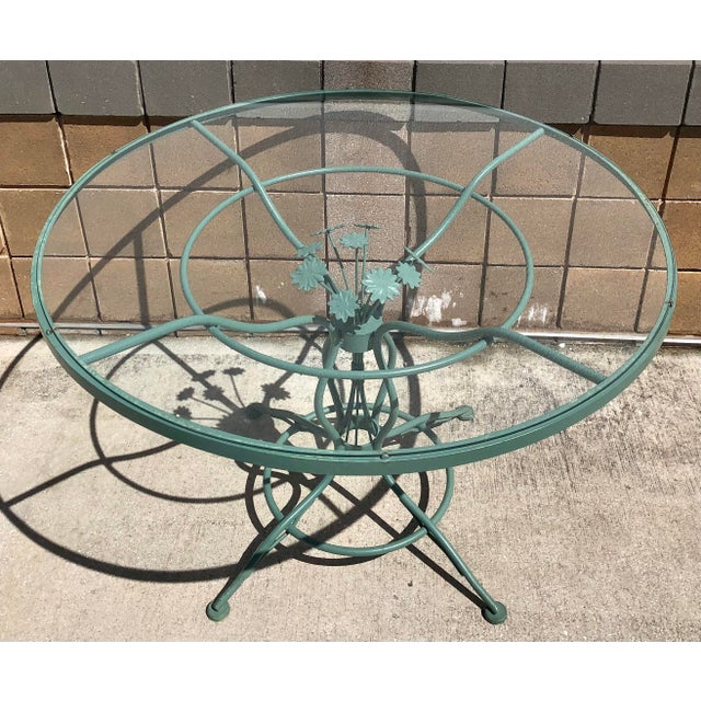 Mid Century Woodard & Sons Wrought Iron Daisy Flower Round Glass Top Patio Table For Sale - Image 12 of 12