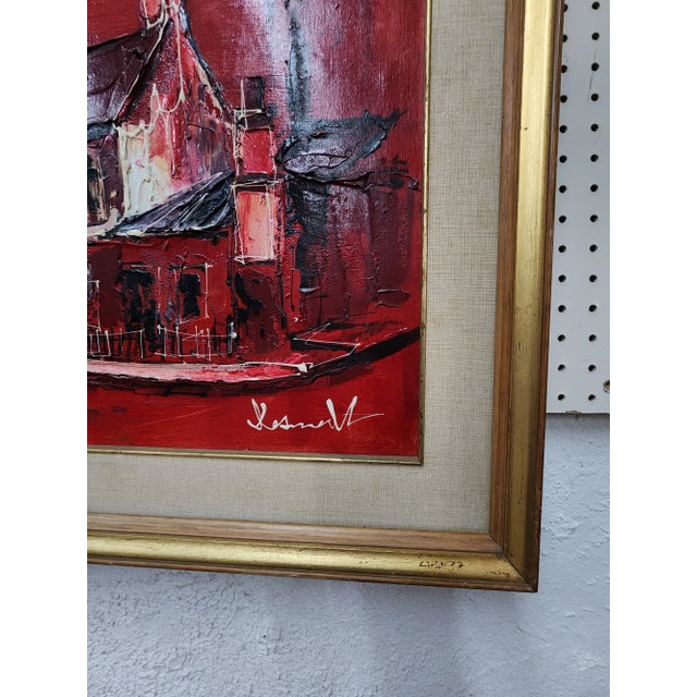 Abstract Mid 20th Century Red "Boat House"" Paris City / Town Abstract Oil Painting By DeSmedtdt For Sale - Image 3 of 12