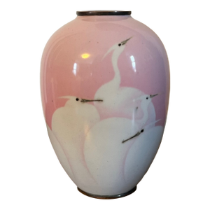 Antique 19th Century Japanese Meiji Wireless Cloisonne Bird Vase Decorated With Egrets or Cranes in Pink and White Enamels