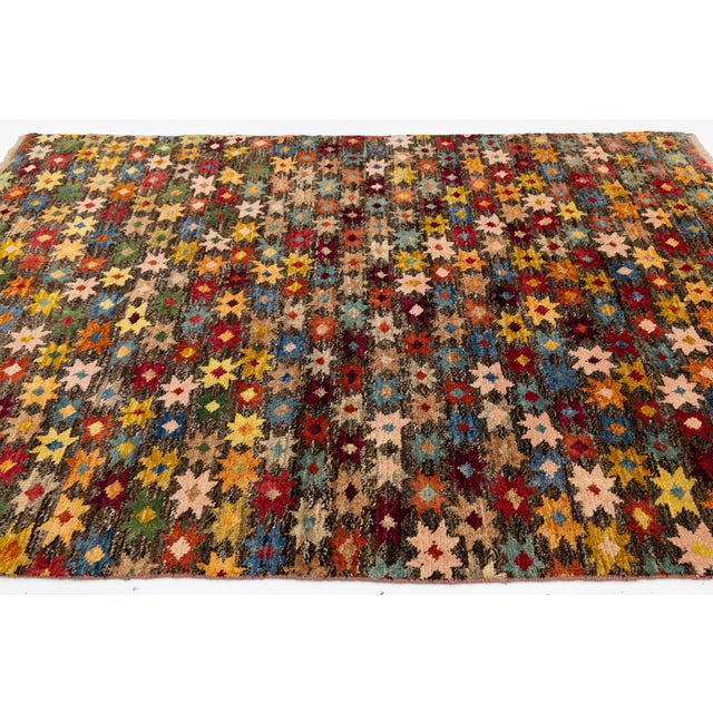 Textile 6x8 Hand-Knotted Baluch Style Wool Rug Vibrant Colorful Star Pattern For Sale - Image 7 of 11
