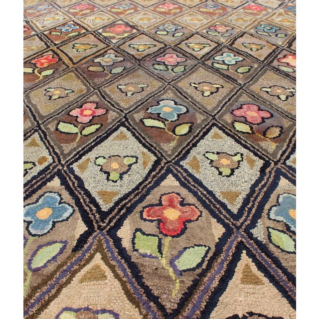Textile Antique American Hooked Rug With Diamond Patchwork Floral Design 4'10"x8'6" For Sale - Image 7 of 10