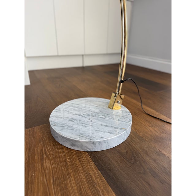 Brass Vintage Italian Modern Brass Adjustable Arc Floor Lamp With Carrara Marble Base & Ribbed Acrylic Dome Shade For Sale - Image 8 of 9