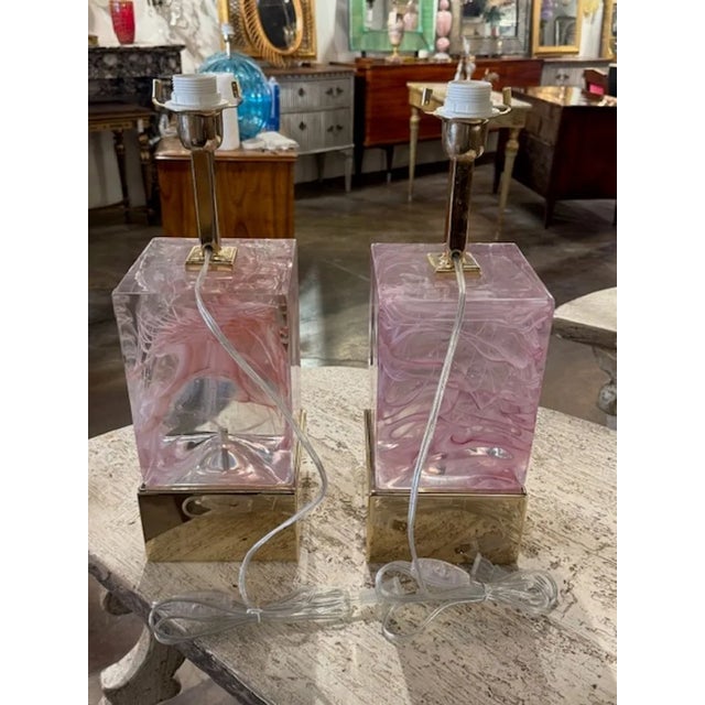 Pair of Pink Murano Glass and Brass Block Mirrors For Sale - Image 4 of 4