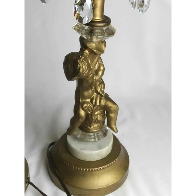 Shabby Chic Pair of Vintage Ornate Cast Brass Crystal Pendent Lamps For Sale - Image 3 of 7