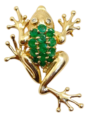 Vintage 14k Yellow Gold Emerald Frog Pendant Brooch