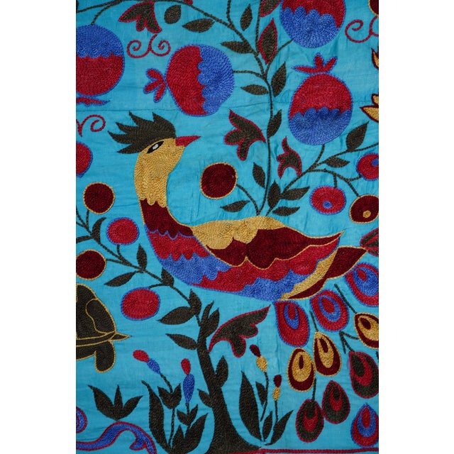 Blue Uzbek Suzani Textile – Peacock, Bird & Floral Motif Wall Art 3'4'' X 6 For Sale - Image 11 of 13