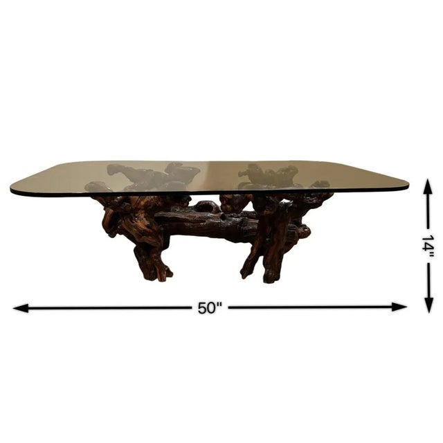 Vintage 1970’s Dark Walnut Burl Wood Coffee Table With Beveled Glass Top For Sale - Image 4 of 6