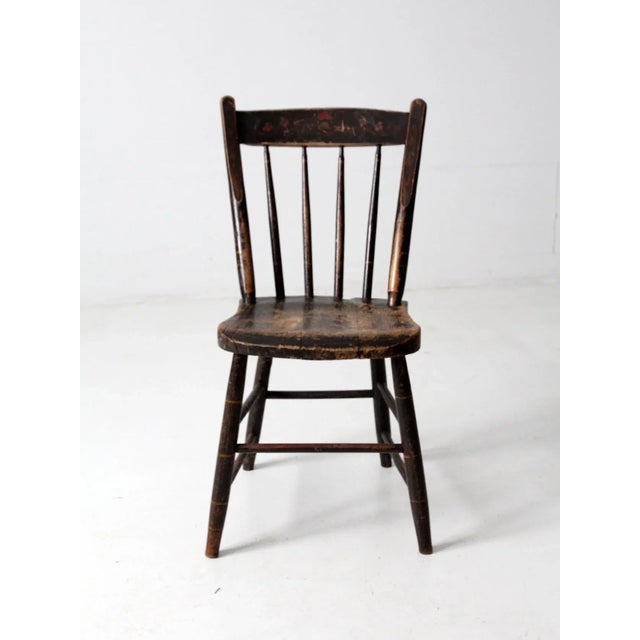 Farmhouse Antique Floral Painted Plank Seat Chair For Sale - Image 3 of 12