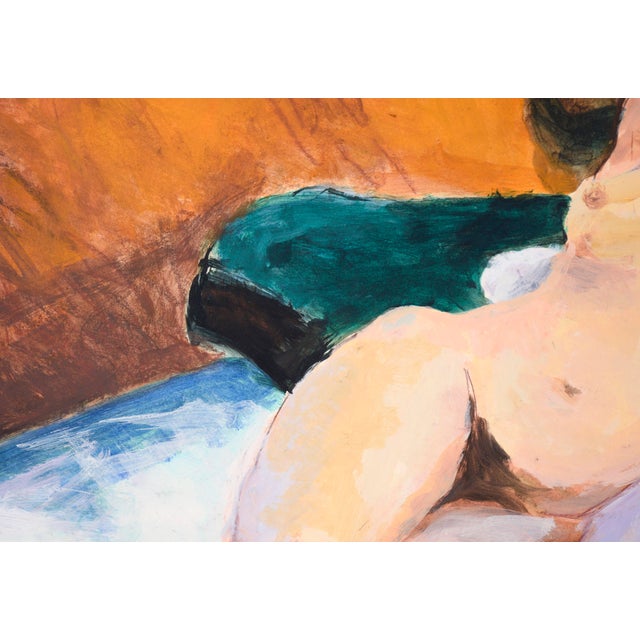 French Nude Model on a White and Blue Bed in Acrylic on Paper by Katherine Kallick For Sale - Image 3 of 7