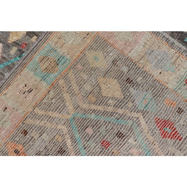Mid 20th Century Modern Diamonds and Tribal Design Rug in Gray Background and Vivid Colors For Sale - Image 12 of 12