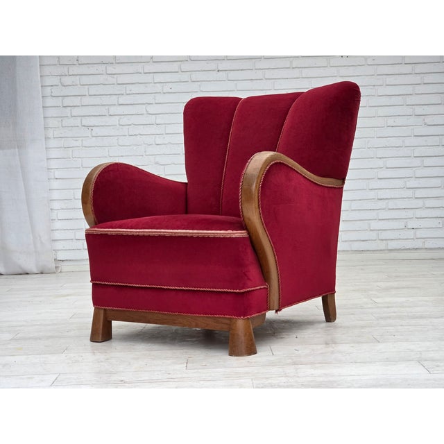 Danish Armchair in Red Velour and Oak, 1950s For Sale - Image 6 of 17