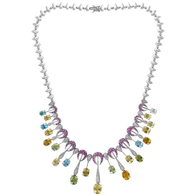 25 Carat Multi-Color Aquamarine and Diamonds Necklace 18 Karat White Gold For Sale - Image 10 of 18
