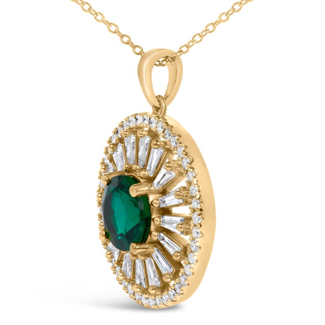 Haus of Brilliance 14K Yellow Gold Plated Sterling Silver Lab Grown Emerald and Diamond Sunburst Medallion Pendant Necklace For Sale - Image 4 of 4