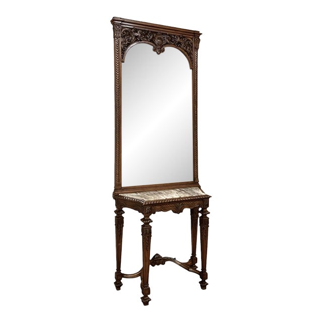 19th Century French Walnut Louis XIV Style Marble-Top Console & Beveled Mirror For Sale