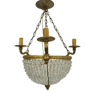 19thc French Antique Napoleon III Gilt Bronze Cut Crystal Beaded Dome Ceiling Fixture/ Chandelier/ Flush Mount Pendant For Sale