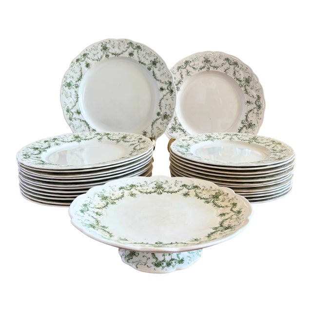 Ridgways English Earthenware Dinner Set, Green Ribbon & Floral Garlands “Lafayette” – 26 P. For 12, Circa 1890 For Sale