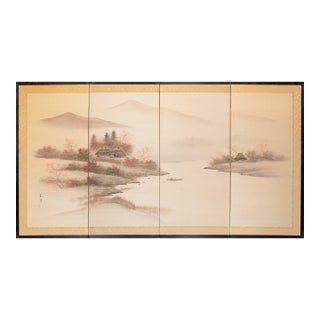 1960s Shōwa Era Japanese Silk Byobu Screen "Autumn Landscape With River" For Sale