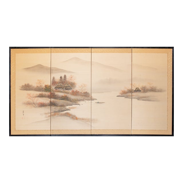 1960s Shōwa Era Japanese Silk Byobu Screen "Autumn Landscape With River" For Sale