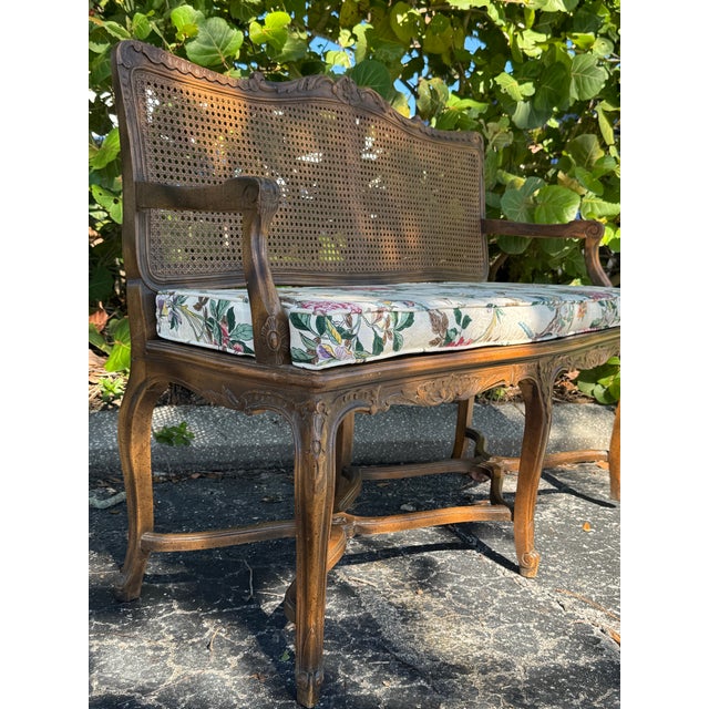 1940s Century Furniture French Provincial Cane-Back Bench With Carved Wood Frame and Floral Upholstered Seat For Sale - Image 10 of 10