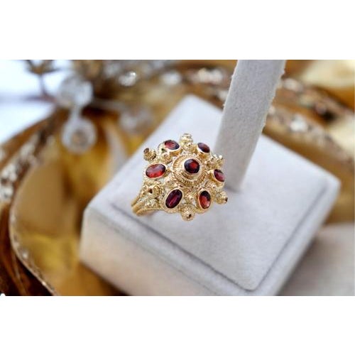 Metal Gold Ring with Reliefs and Seven Encrusted Stones For Sale - Image 7 of 7