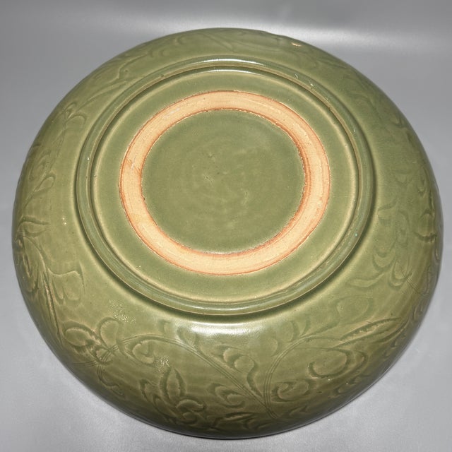 Ceramic Chinese Celadon Large Decorative Plate, Collectible Carved Motif Platter For Sale - Image 7 of 7