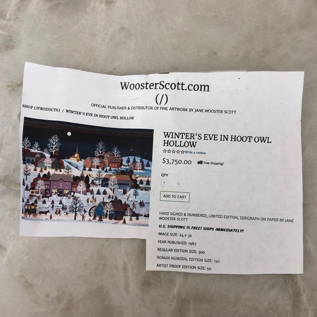 1980s "Winter’s Eve in Hoot Owl Hollow" Hand-Signed and Numbered Serigraph by Jane Wooster Scott, Framed For Sale - Image 11 of 13