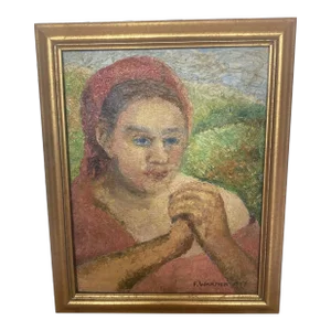 Mid-Century Textured Oil Painting Portrait of a Woman Signed by F. Warner 1949