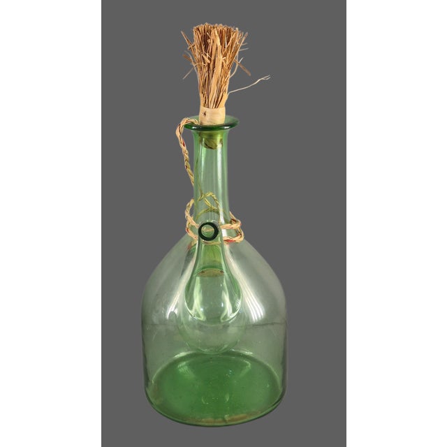 Rustic European Vintage Hand Blown Italian Green Glass Wine Decanter Ice Chamber Raffia Stopper For Sale - Image 3 of 9