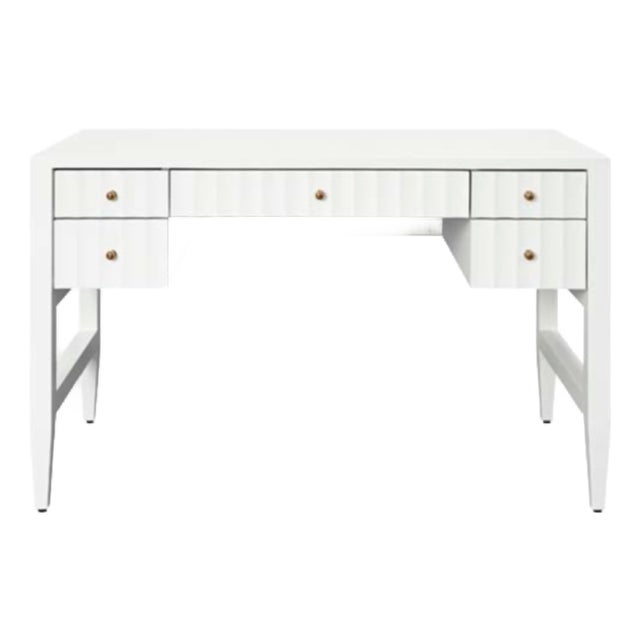 Matthew Izzo Home Franklin Matte White Fluted Five Drawer Writing Desk For Sale