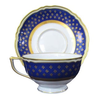 1920s Ceralene Malmaison Cobalt Raynaud Limoges France Cobalt Blue With Gold Stars Cup and Saucer Rooster Mark For Sale