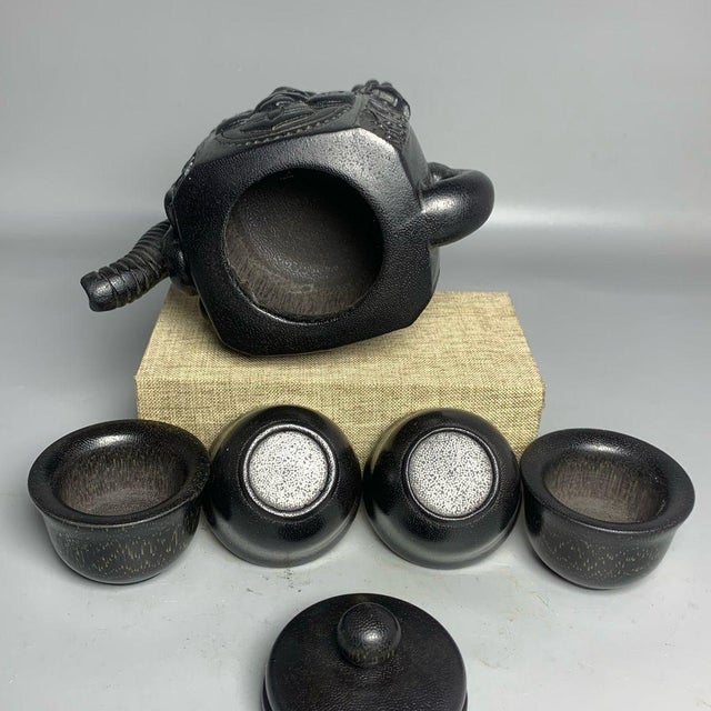 Late 19th CenturyCarved Faux Horn Elephant Teapot Set With Four Cups and Box For Sale - Image 4 of 9